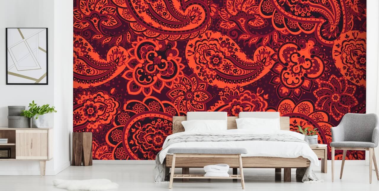 orange og rød paisley tapet