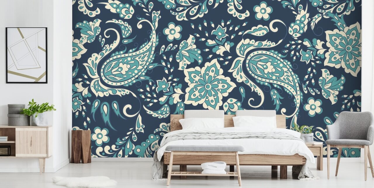 blauw paisley behang