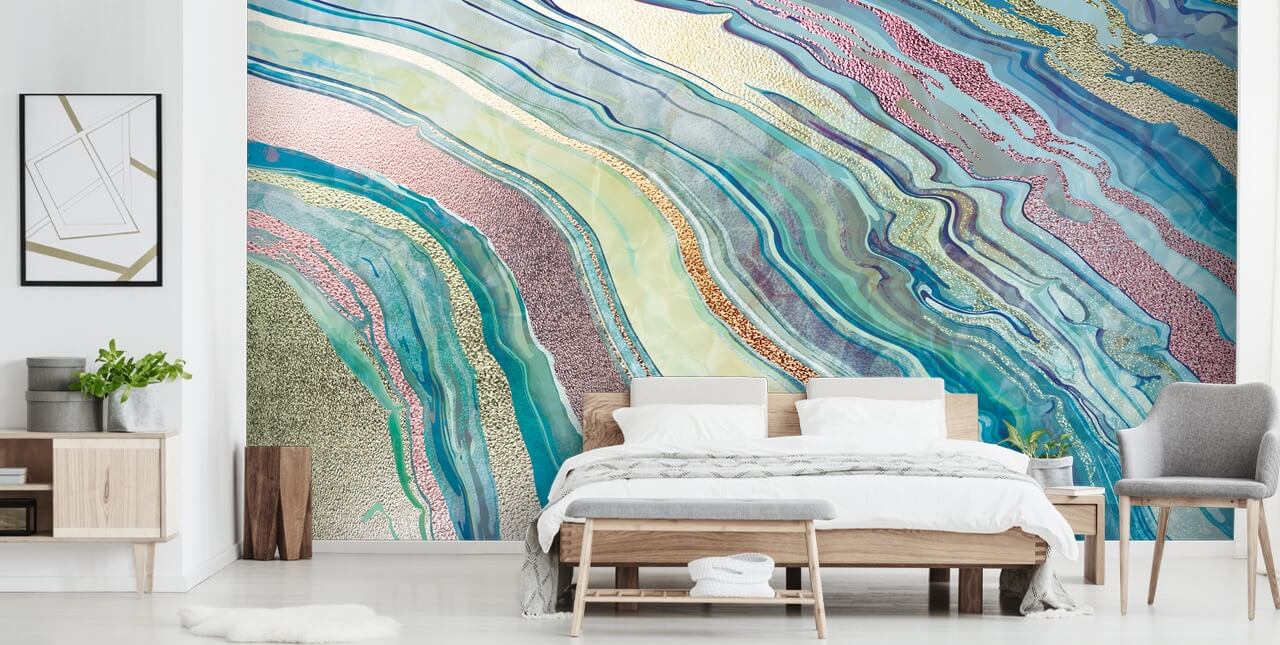 blauw en roze marmereffect behang