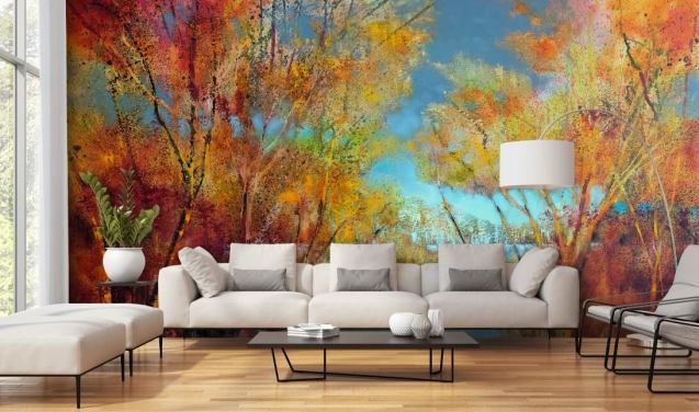 orange and yellow painted tree wallpaper