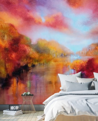 oransje, rød og gul maleri av skog og elv tapet oransje, rød og gul maleri av skog og elv tapet