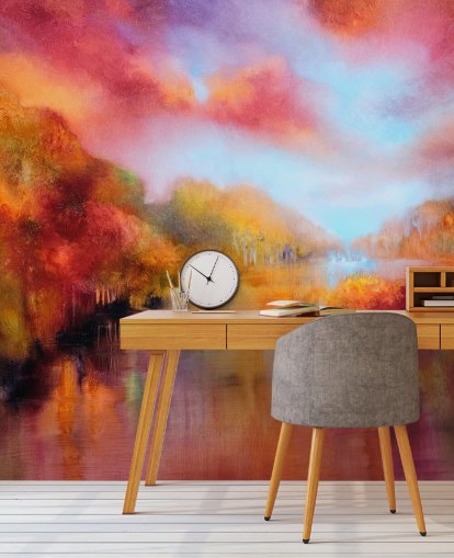 orange, red and yellow painting of forest and river wallpaper orange, red and yellow painting of forest and river wallpaper