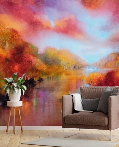 orange, red and yellow painting of forest and river wallpaper orange, red and yellow painting of forest and river wallpaper