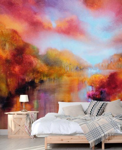 orange, red and yellow painting of forest and river wallpaper orange, red and yellow painting of forest and river wallpaper