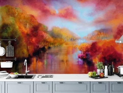 pittura arancione, rossa e gialla di carta da parati foresta e fiume