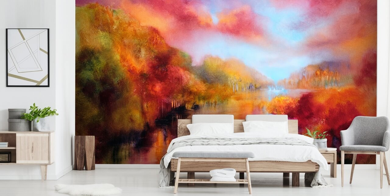 pintura laranja, vermelha e amarela de papel de parede da floresta e do rio
