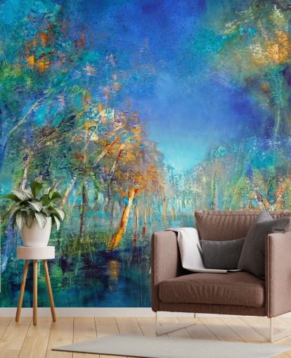 blue and green painted forest wallpaper blue and green painted forest wallpaper