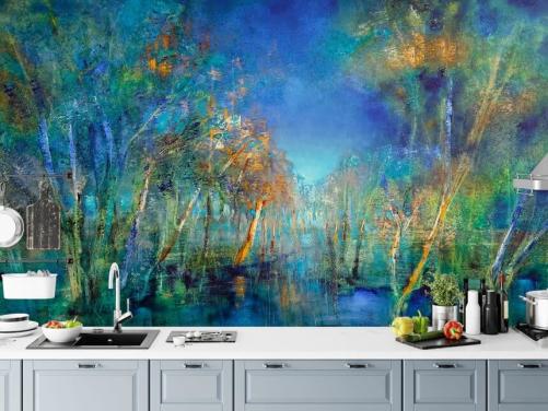 blauw en groen geschilderd bosbehang