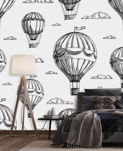 zwart-wit geïllustreerde heteluchtballonnen behang zwart-wit geïllustreerde heteluchtballonnen behang