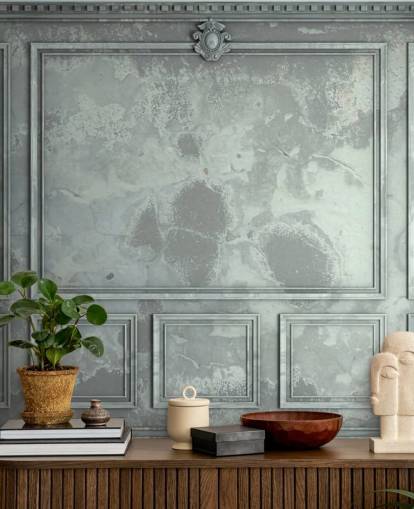 blauw, groen, zilverkleurig vintage paneelmuurbehang blauw, groen, zilverkleurig vintage paneelmuurbehang