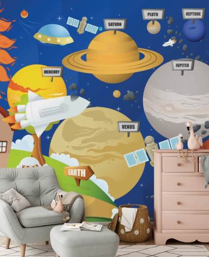 mural de pared personalizable del sistema solar para niños llamado Astronaut and Planet System para escuelas y dormitorios de niños mural de pared personalizable del sistema solar para niños llamado Astronaut and Planet System para escuelas y dormitorios de niños