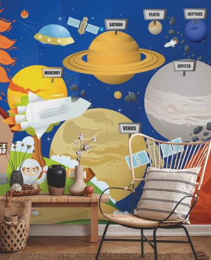 mural de parede personalizável do sistema solar infantil chamado Astronaut and Planet System para escolas e quartos infantis mural de parede personalizável do sistema solar infantil chamado Astronaut and Planet System para escolas e quartos infantis