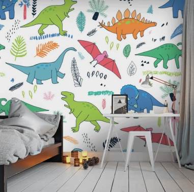 orange, blue and red dinosaur drawings wallpaper