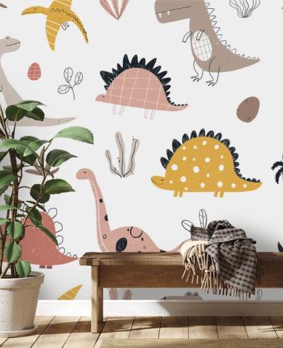 papel pintado dinosaurio rosa, gris y amarillo papel pintado dinosaurio rosa, gris y amarillo