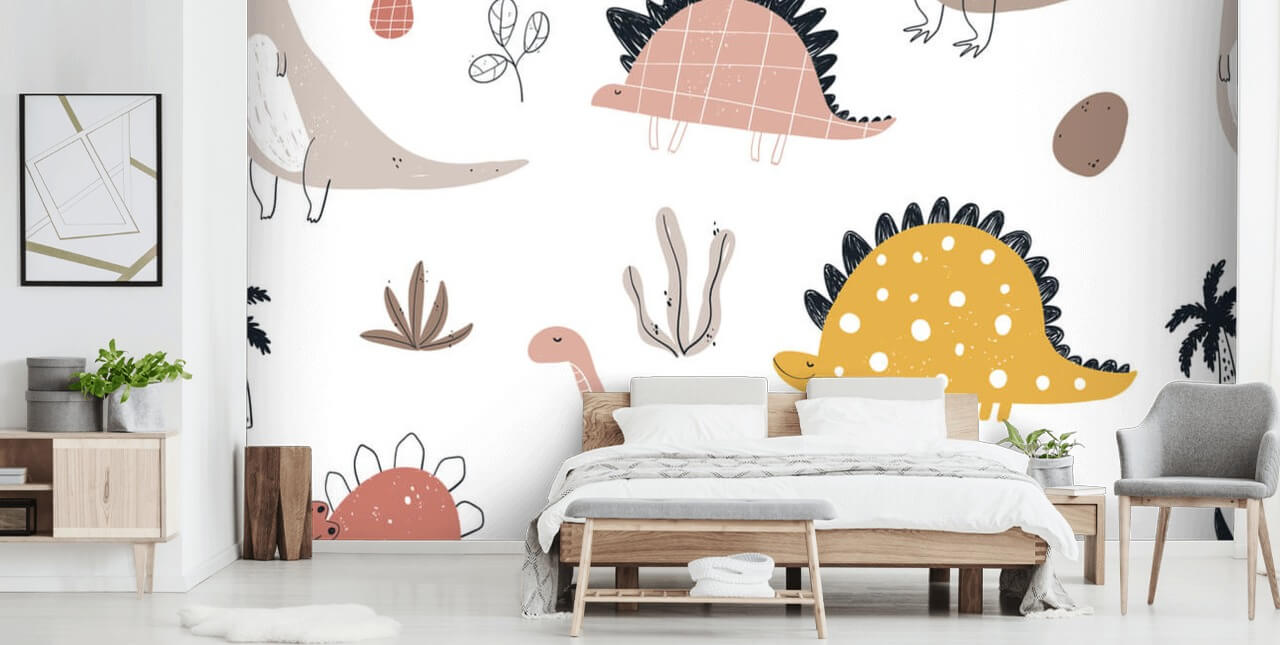 papier peint dinosaure rose, gris et jaune