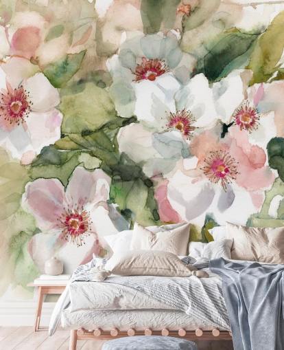 white and pink poppies with green leaves painting wallpaper white and pink poppies with green leaves painting wallpaper
