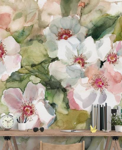 white and pink poppies with green leaves painting wallpaper white and pink poppies with green leaves painting wallpaper