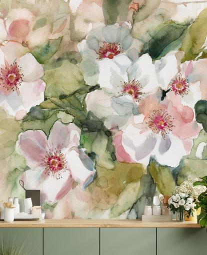 white and pink poppies with green leaves painting wallpaper white and pink poppies with green leaves painting wallpaper