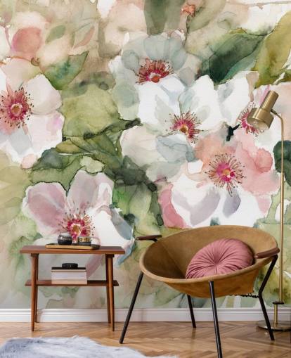 papier peint avec des coquelicots blancs et roses avec des feuilles vertes papier peint avec des coquelicots blancs et roses avec des feuilles vertes