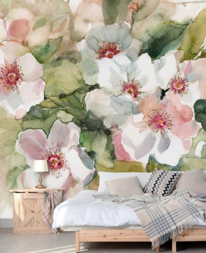 white and pink poppies with green leaves painting wallpaper white and pink poppies with green leaves painting wallpaper