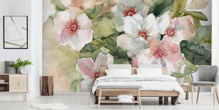 white and pink poppies with green leaves painting wallpaper
