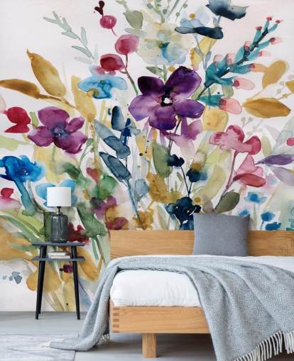 färgglad blommig akvarell tapetväggmålning kallad Garden Jewels av Carol Robinson för lounger och vinterträdgårdar färgglad blommig akvarell tapetväggmålning kallad Garden Jewels av Carol Robinson för lounger och vinterträdgårdar