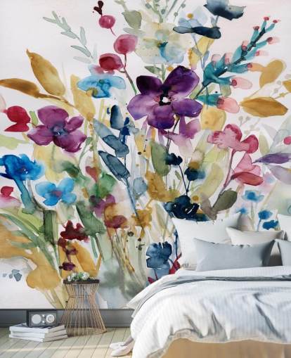 mural colorido de papel de parede floral em aquarela chamado Garden Jewels de Carol Robinson para salões e conservatórios mural colorido de papel de parede floral em aquarela chamado Garden Jewels de Carol Robinson para salões e conservatórios