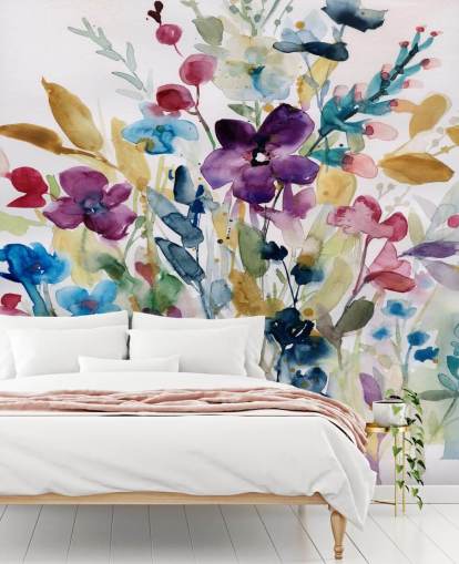 fargerikt blomsterakvarelltapet veggmaleri kalt Garden Jewels av Carol Robinson for salonger og vinterhager fargerikt blomsterakvarelltapet veggmaleri kalt Garden Jewels av Carol Robinson for salonger og vinterhager