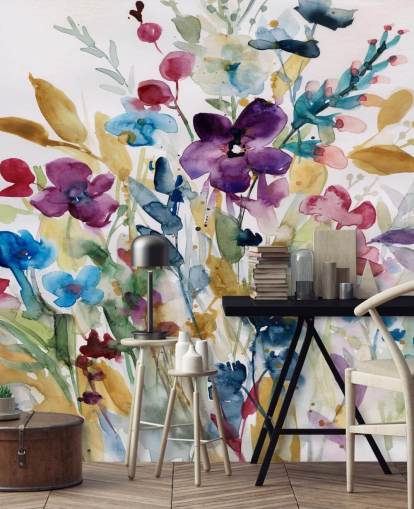 farverigt blomsterakvarel tapetmaleri kaldet Garden Jewels af Carol Robinson til lounger og udestuer farverigt blomsterakvarel tapetmaleri kaldet Garden Jewels af Carol Robinson til lounger og udestuer