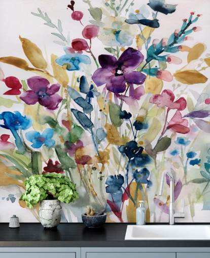 fargerikt blomsterakvarelltapet veggmaleri kalt Garden Jewels av Carol Robinson for salonger og vinterhager fargerikt blomsterakvarelltapet veggmaleri kalt Garden Jewels av Carol Robinson for salonger og vinterhager