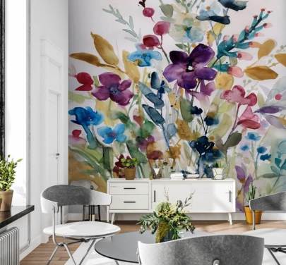 färgglad blommig akvarell tapetväggmålning kallad Garden Jewels av Carol Robinson för lounger och vinterträdgårdar