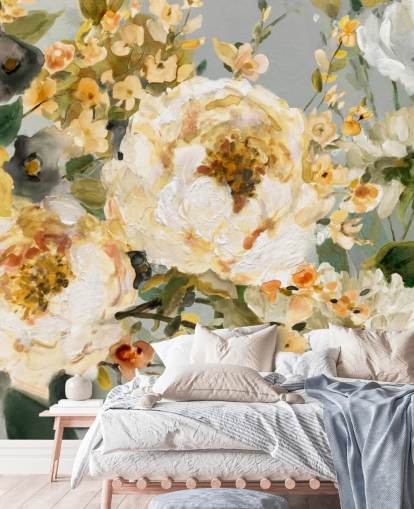 papel de parede floral mostarda, branco e cinza papel de parede floral mostarda, branco e cinza