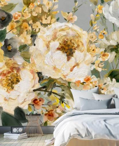 mosterd, wit en grijs bloemenbehang mosterd, wit en grijs bloemenbehang