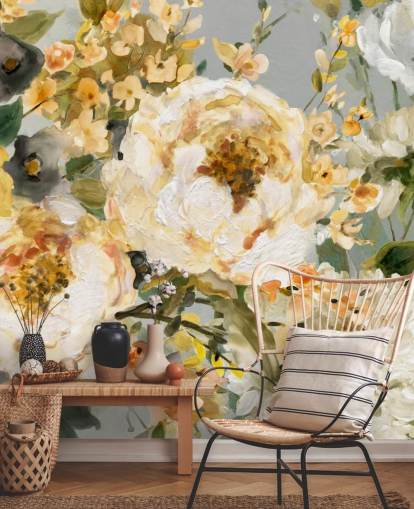 papel de parede floral mostarda, branco e cinza papel de parede floral mostarda, branco e cinza