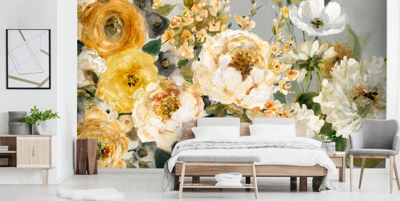papier peint floral moutarde, blanc et gris
