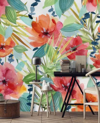 papier peint fleurs rouges et feuilles tropicales papier peint fleurs rouges et feuilles tropicales