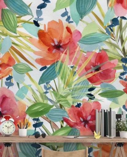 red flowers and tropical leaves wallpaper red flowers and tropical leaves wallpaper