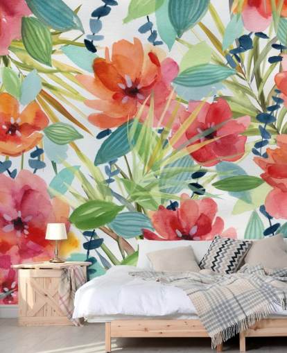 red flowers and tropical leaves wallpaper red flowers and tropical leaves wallpaper