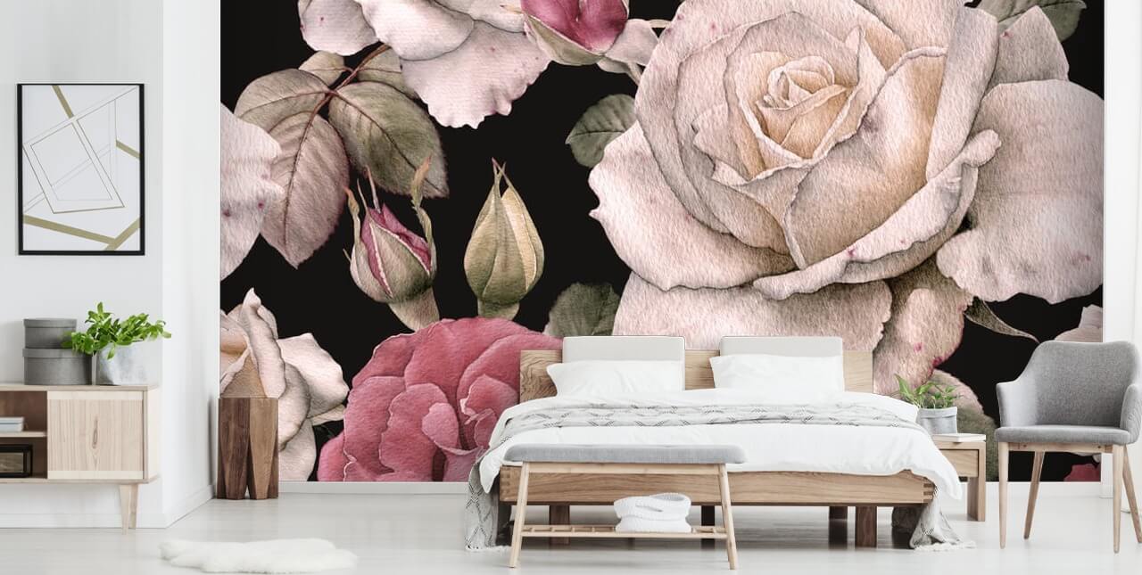 donker bloemenroze en witte bloemen behang