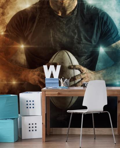 blue and orange customisable rugby wallpaper mural called Rugby Battle for kid's bedrooms blue and orange customisable rugby wallpaper mural called Rugby Battle for kid's bedrooms