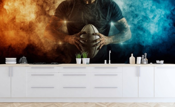 blue and orange customizable rugby wallpaper mural called Rugby Battle for kid's bedrooms