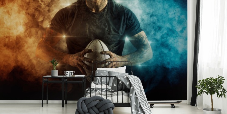 blue and orange customizable rugby wallpaper mural called Rugby Battle for kid's bedrooms