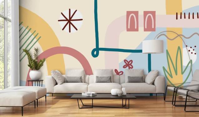 pastel abstracte line art behang muurschildering