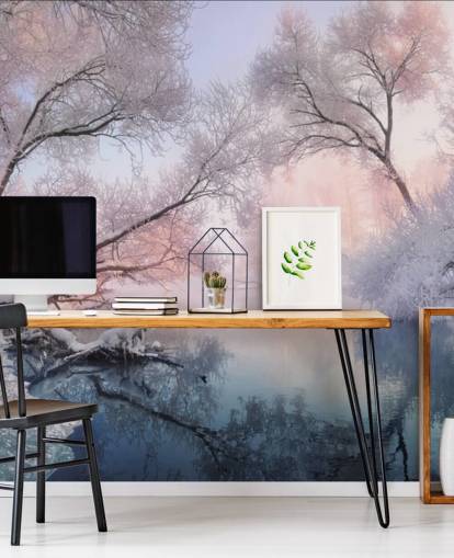 rosa solnedgang over snøhvit skog tapet rosa solnedgang over snøhvit skog tapet