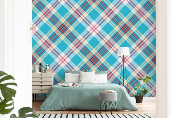 blauw, rood en wit patroonbehang
