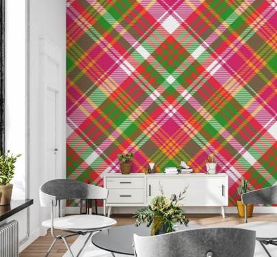 roze, groen en wit tartan behang