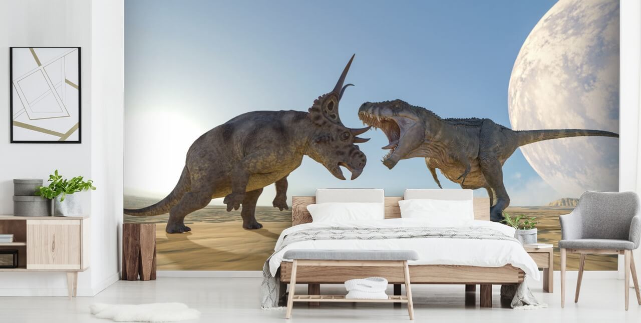 trex en diabloceratops vechten behang