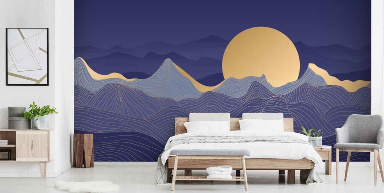 sininen ja kullanvärinen Mountain Line Art tapetti