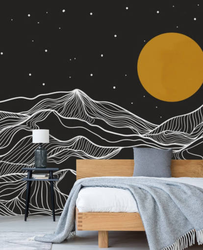 black and white mountain line art with yellow moon wallpaper black and white mountain line art with yellow moon wallpaper
