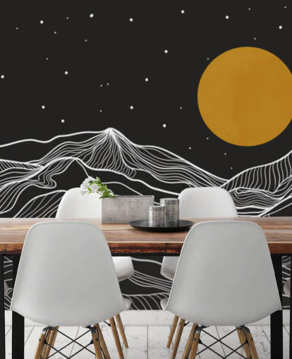 black and white mountain line art with yellow moon wallpaper black and white mountain line art with yellow moon wallpaper
